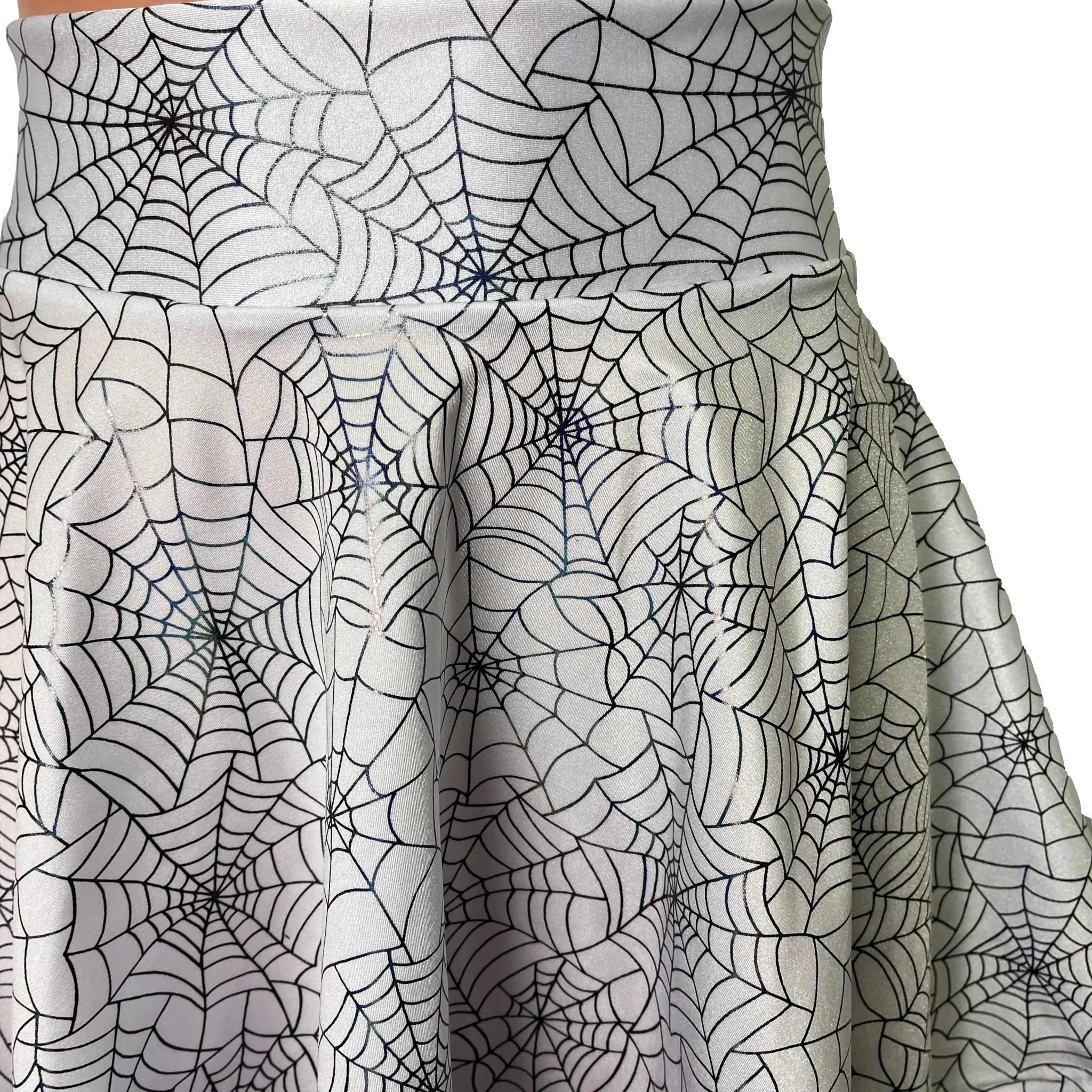 Holographic Spider Web on White High Waisted Skater Skirt
