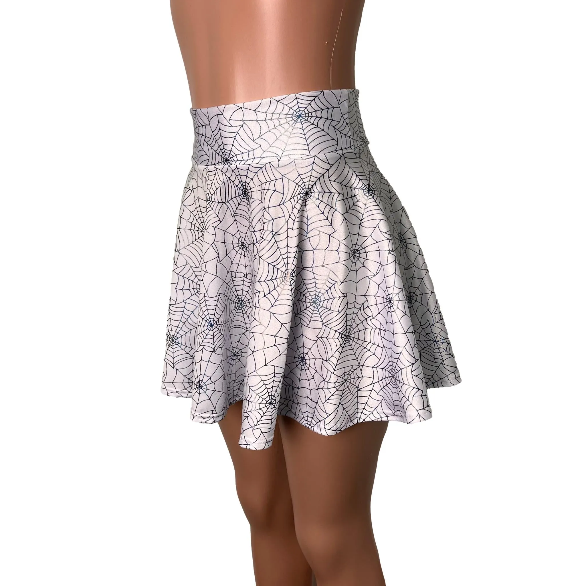 Holographic Spider Web on White High Waisted Skater Skirt
