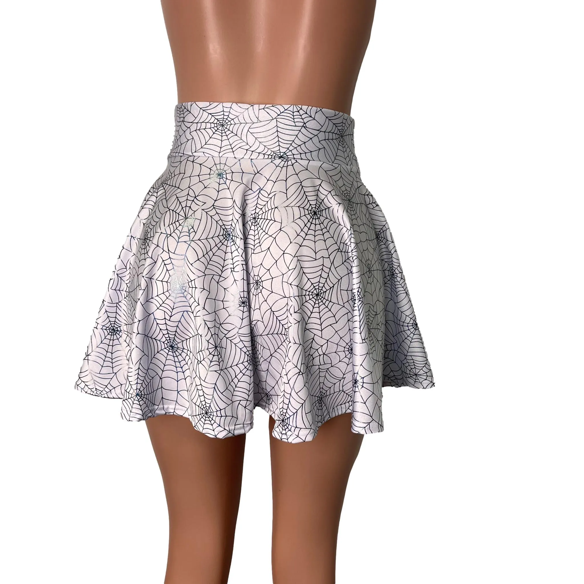 Holographic Spider Web on White High Waisted Skater Skirt