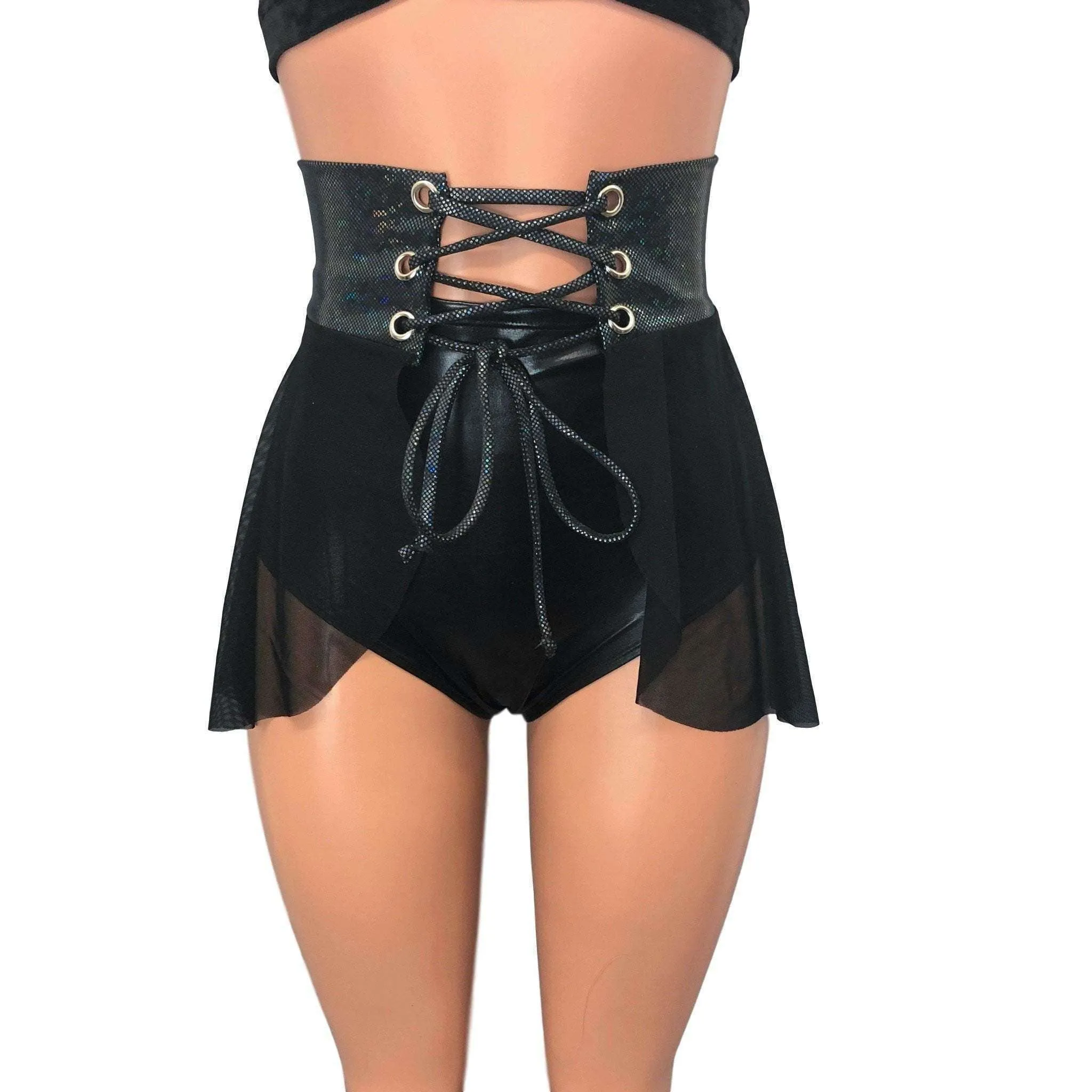 Lace-Up Corset Skirt - Black Mesh w/ Black Shattered Glass