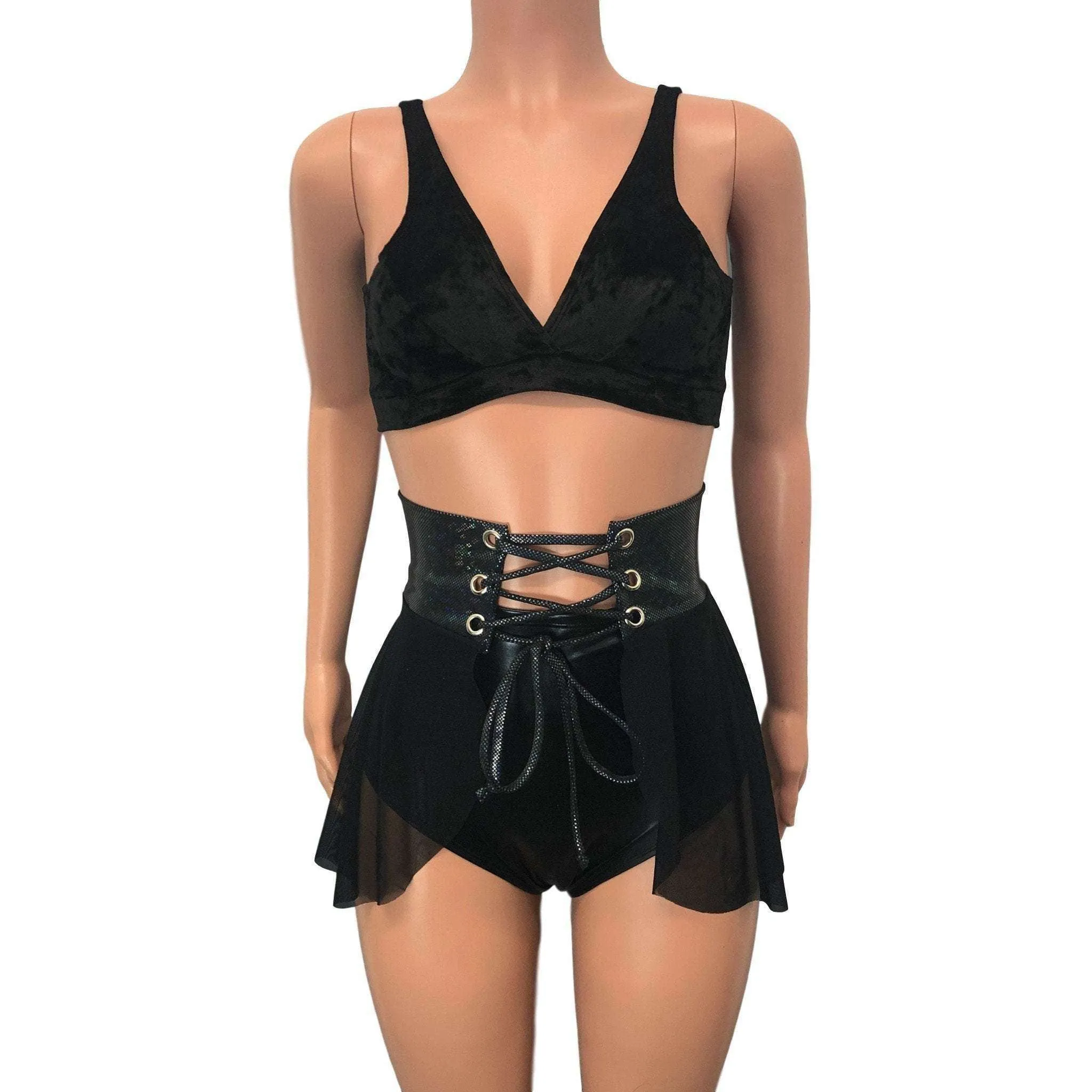 Lace-Up Corset Skirt - Black Mesh w/ Black Shattered Glass