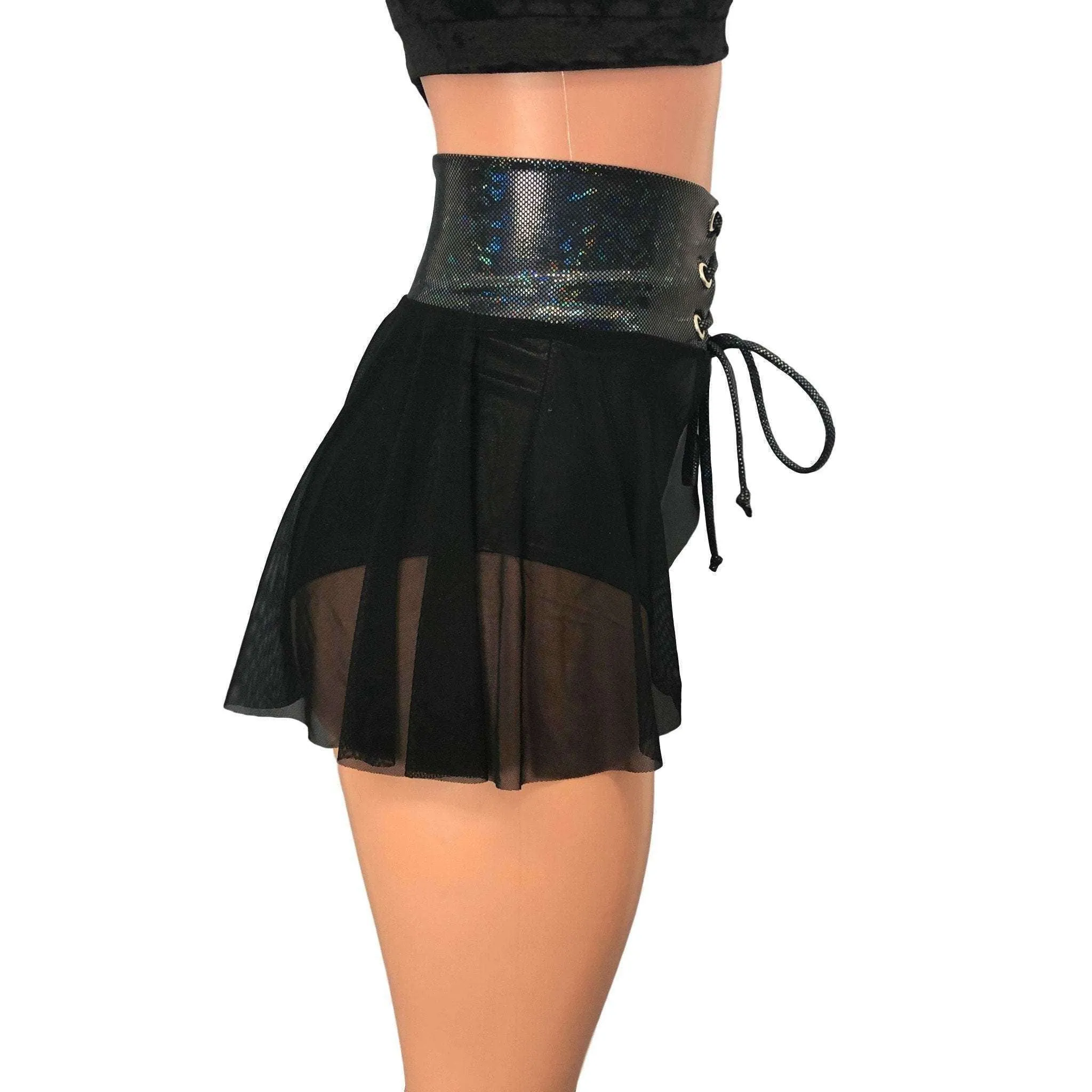 Lace-Up Corset Skirt - Black Mesh w/ Black Shattered Glass