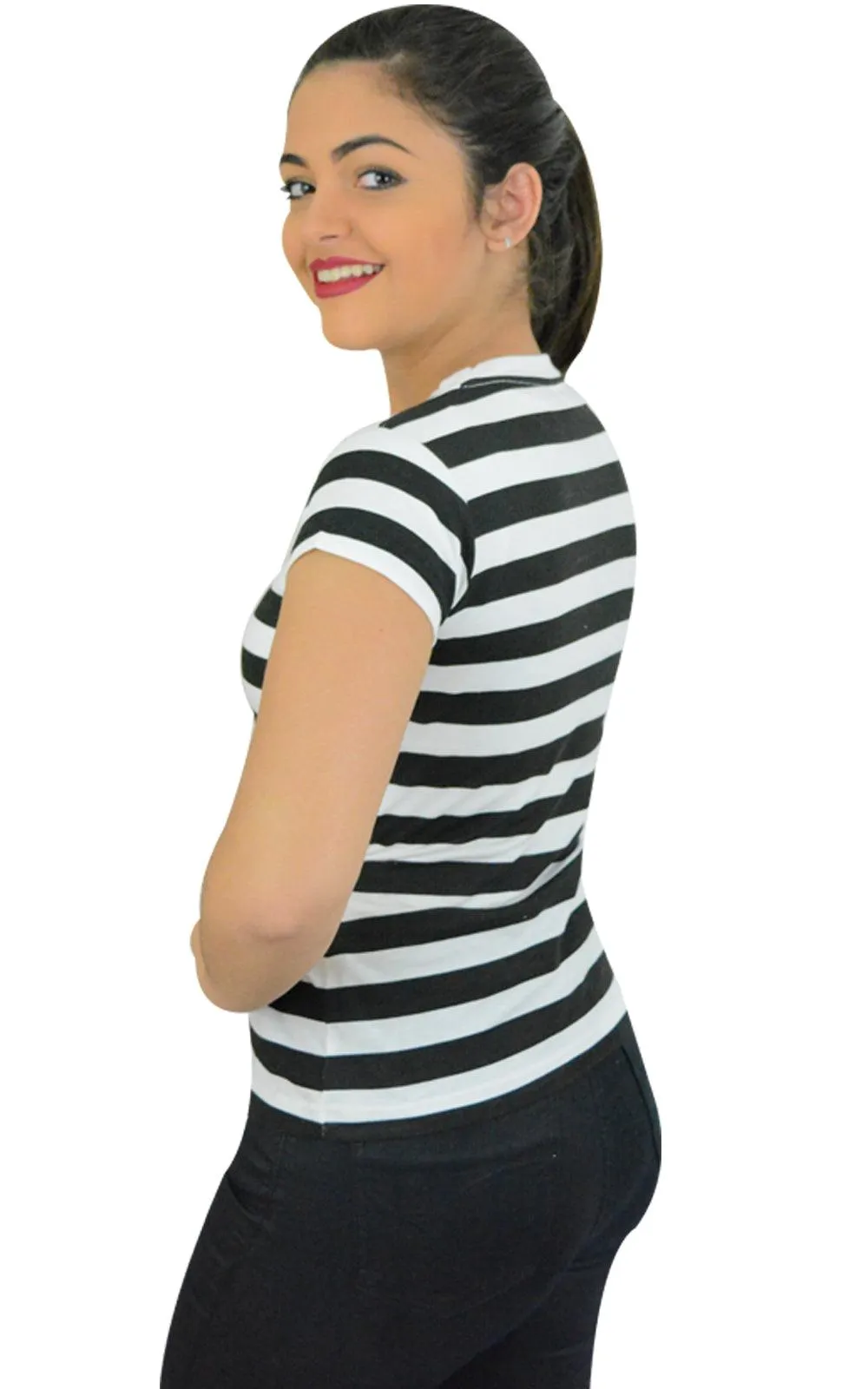 Ladies Women’s Black & White Striped T-shirt Short Sleeves Fancy Dress Top