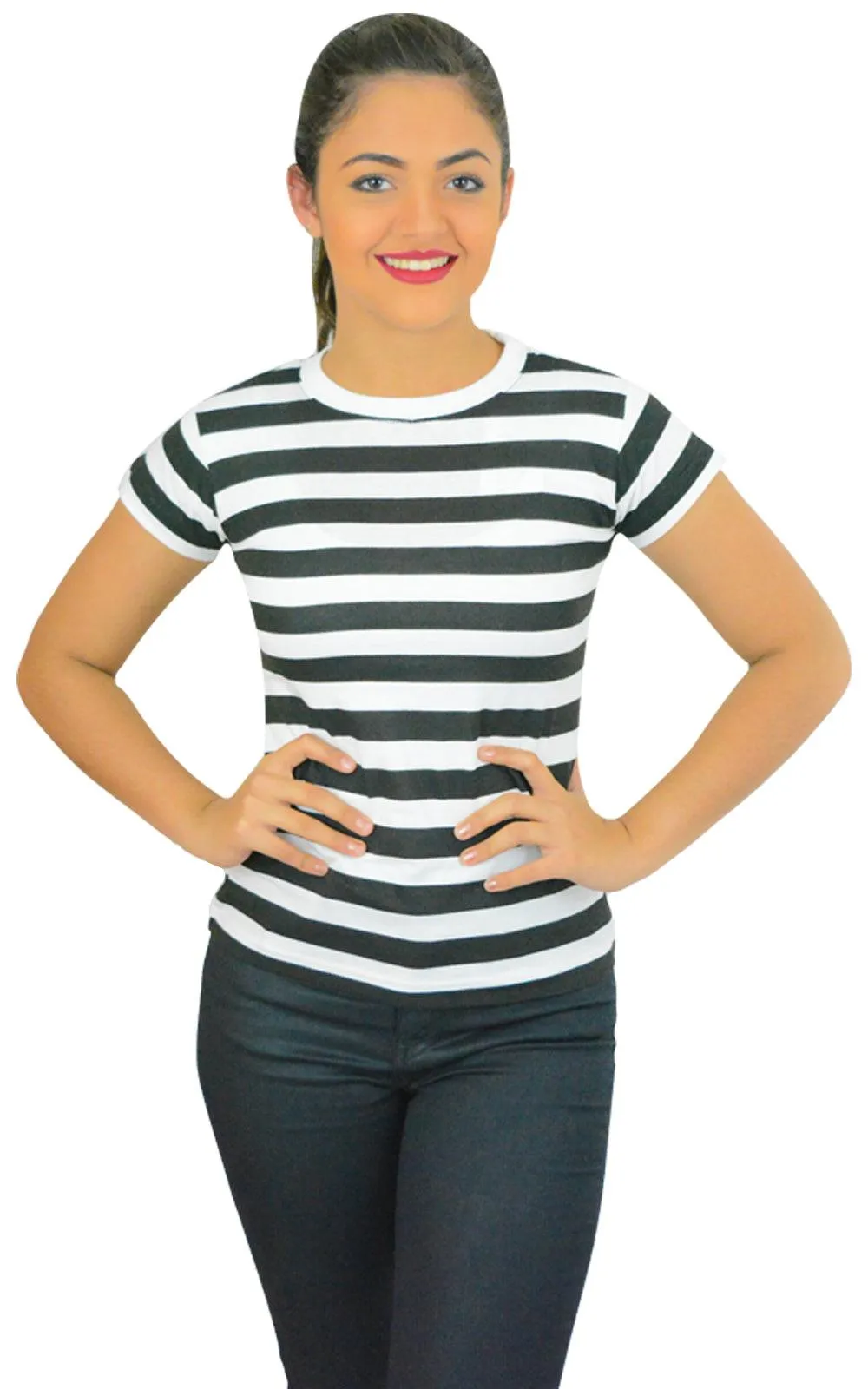 Ladies Women’s Black & White Striped T-shirt Short Sleeves Fancy Dress Top