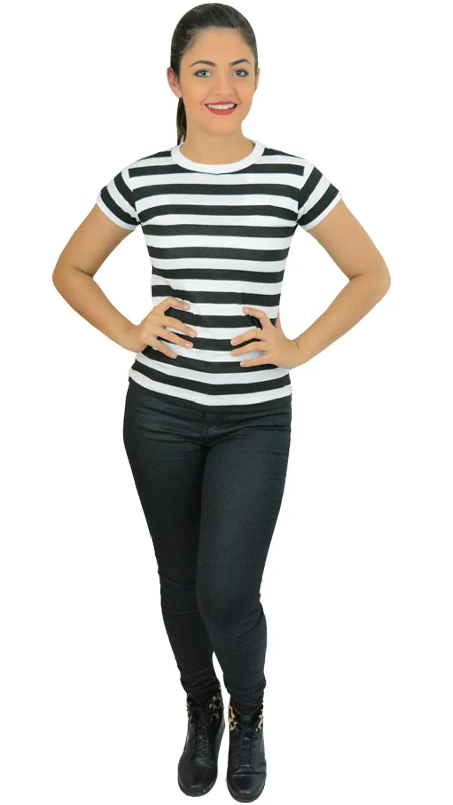 Ladies Women’s Black & White Striped T-shirt Short Sleeves Fancy Dress Top
