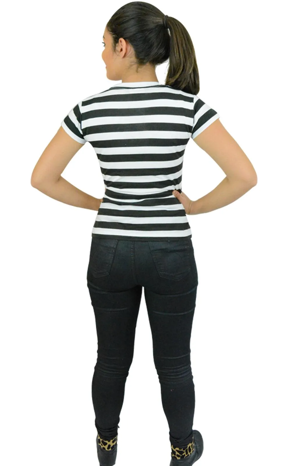 Ladies Women’s Black & White Striped T-shirt Short Sleeves Fancy Dress Top