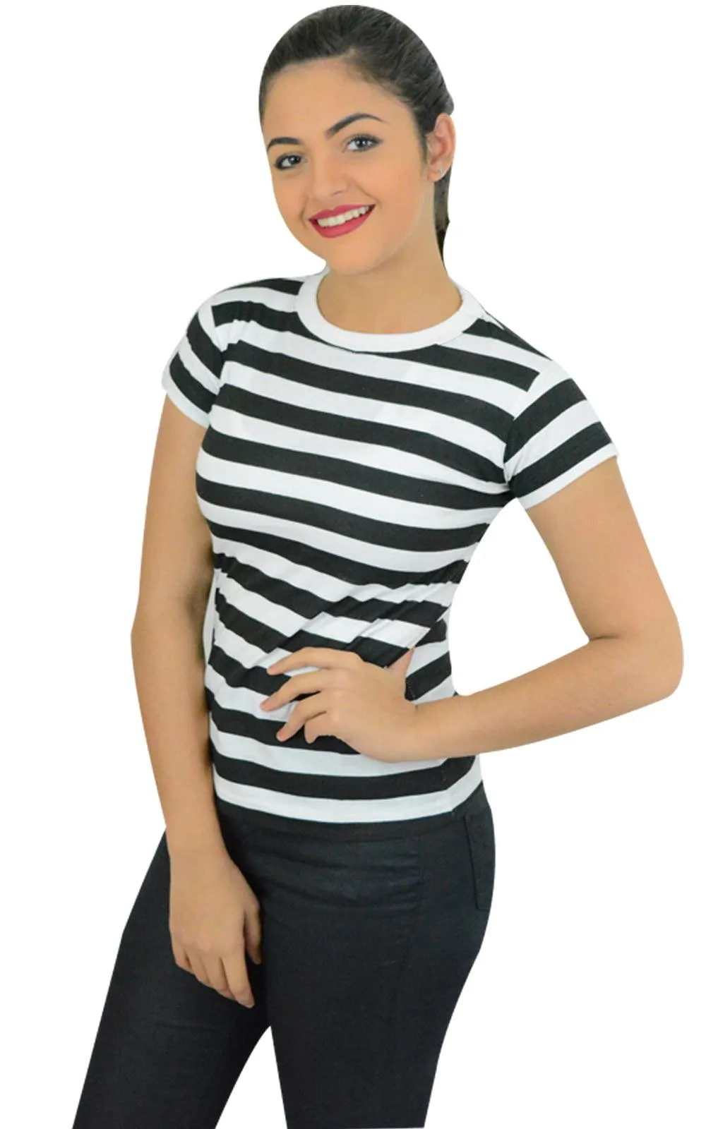 Ladies Women’s Black & White Striped T-shirt Short Sleeves Fancy Dress Top