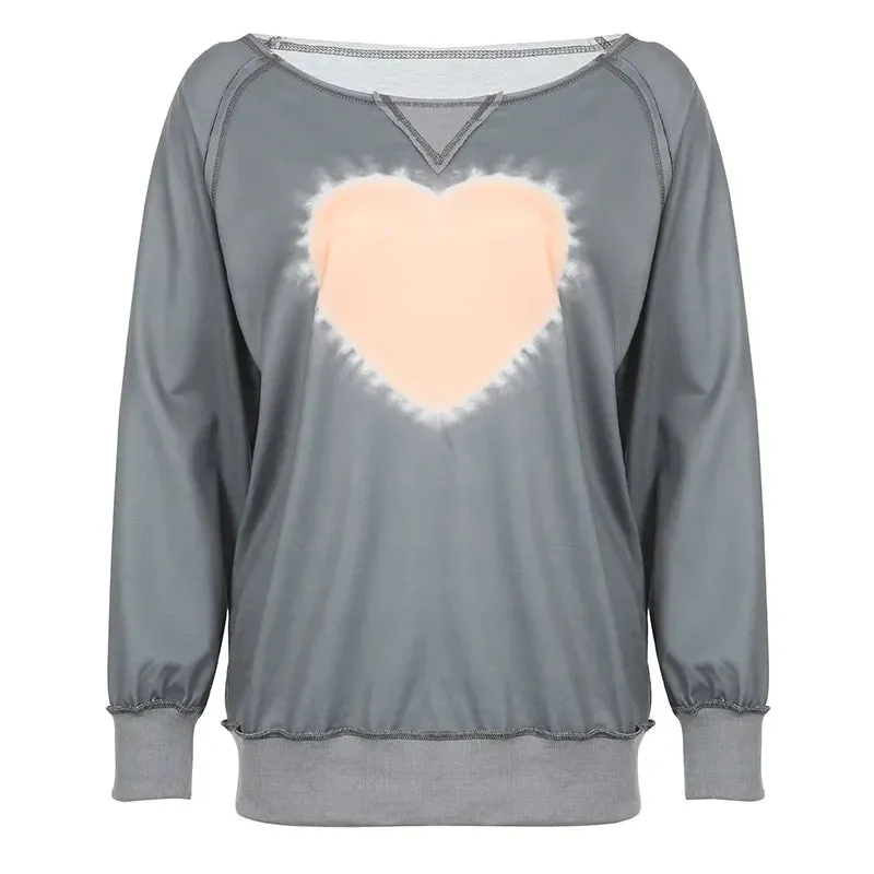 Love Tie Dye Gray Sweatshirts Streetwear Y2k Hoodie Irregular Long Sleeve Tops 90s Aesthetic Vintage Clothes P84-CF38