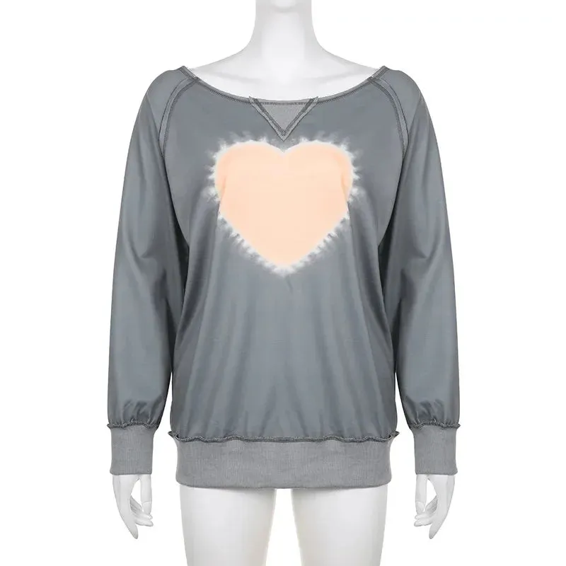 Love Tie Dye Gray Sweatshirts Streetwear Y2k Hoodie Irregular Long Sleeve Tops 90s Aesthetic Vintage Clothes P84-CF38