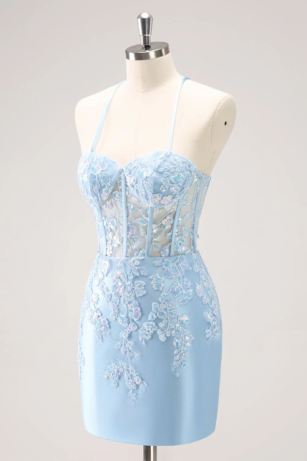 Luolandi Sparkly Lilac Bodycon Spaghetti Straps Sequin Corset Homecoming Dress with Appliques Beautiful