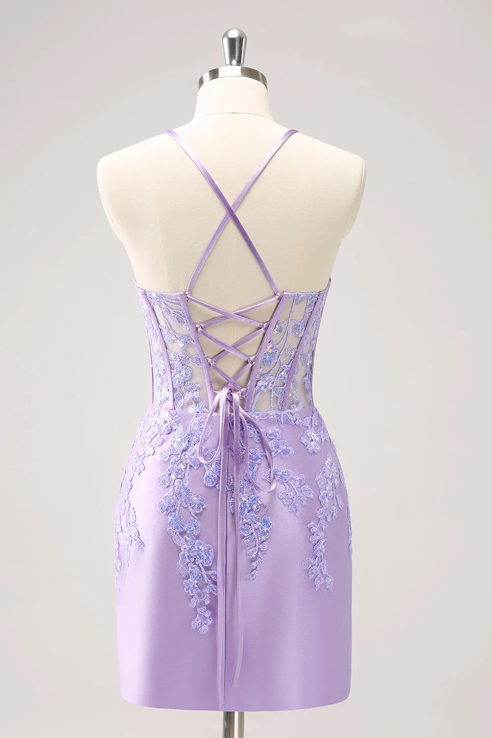 Luolandi Sparkly Lilac Bodycon Spaghetti Straps Sequin Corset Homecoming Dress with Appliques Beautiful