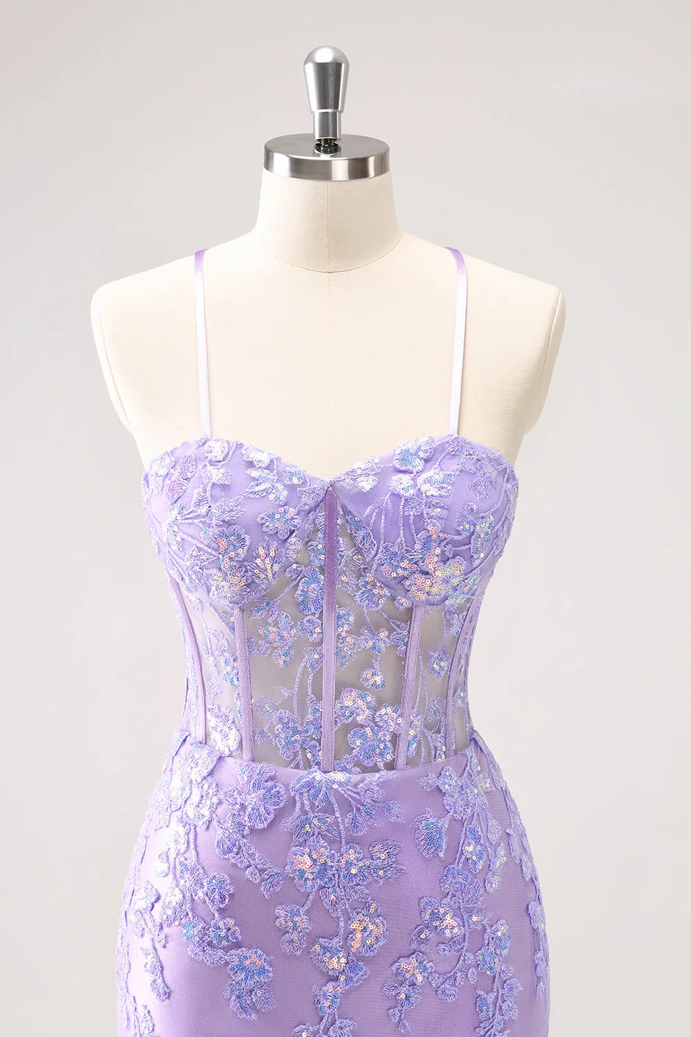 Luolandi Sparkly Lilac Bodycon Spaghetti Straps Sequin Corset Homecoming Dress with Appliques Beautiful
