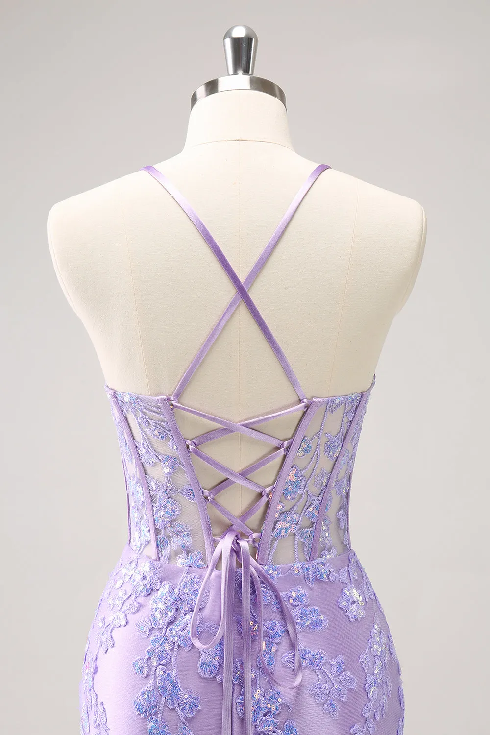 Luolandi Sparkly Lilac Bodycon Spaghetti Straps Sequin Corset Homecoming Dress with Appliques Beautiful