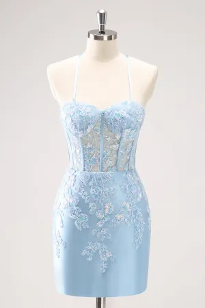 Luolandi Sparkly Lilac Bodycon Spaghetti Straps Sequin Corset Homecoming Dress with Appliques Beautiful