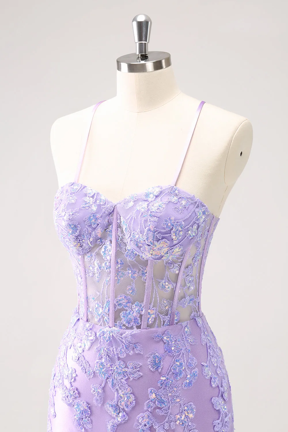 Luolandi Sparkly Lilac Bodycon Spaghetti Straps Sequin Corset Homecoming Dress with Appliques Beautiful
