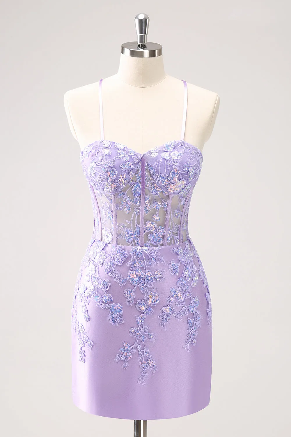 Luolandi Sparkly Lilac Bodycon Spaghetti Straps Sequin Corset Homecoming Dress with Appliques Beautiful
