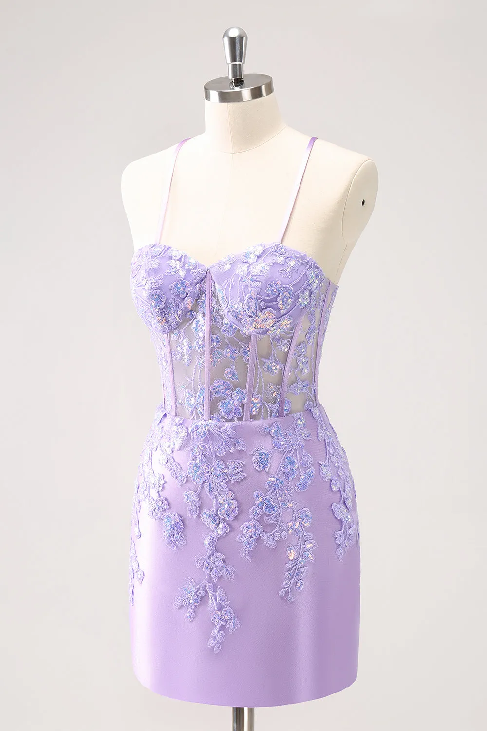 Luolandi Sparkly Lilac Bodycon Spaghetti Straps Sequin Corset Homecoming Dress with Appliques Beautiful