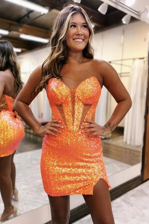 Luolandi Sparkly Strapless Bodycon Sequin Short Homecoming Dress with Slit Off Shoulder