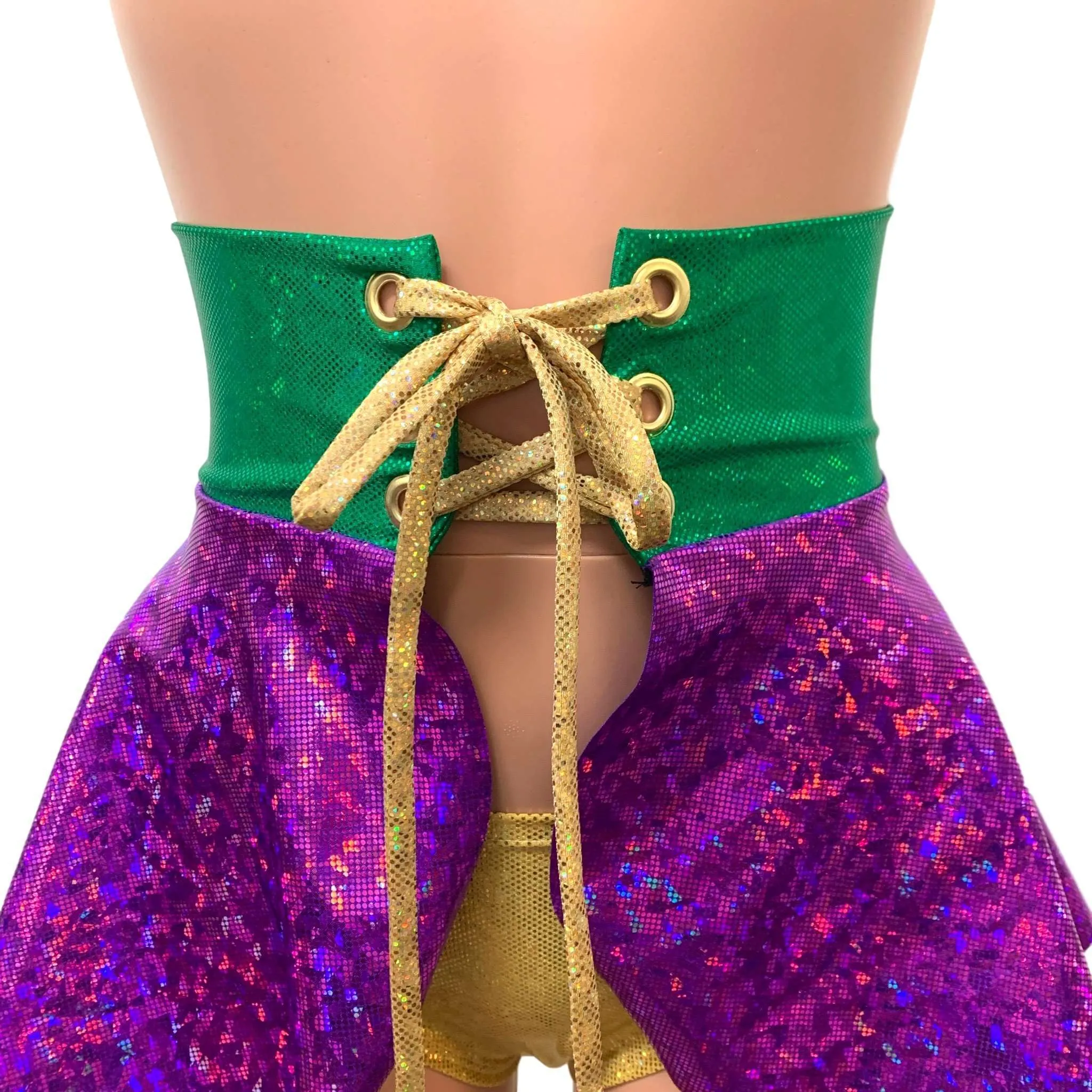 Mardi Gras Corset Skirt - Holographic Lace-Up Skater Skirt