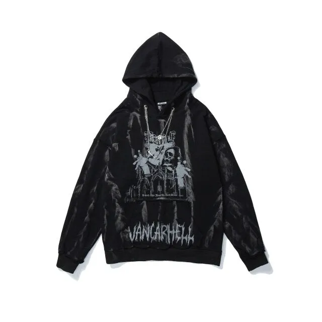 Men Hip Hop Hoodie Sweatshirt Gothic Horror Skull Print Punk Chain Street Hipster Baggy Hooded Pullover Streetwear