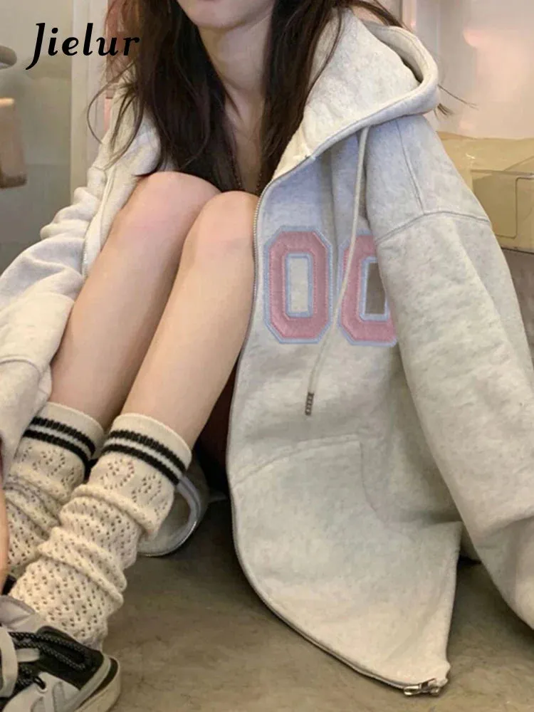 Metaversmall Grey Zip-up Loose Hooded Female Sweatshirts Autumn Streetwear American Vintage Casual O-neck Women's Hoodies Office Lady