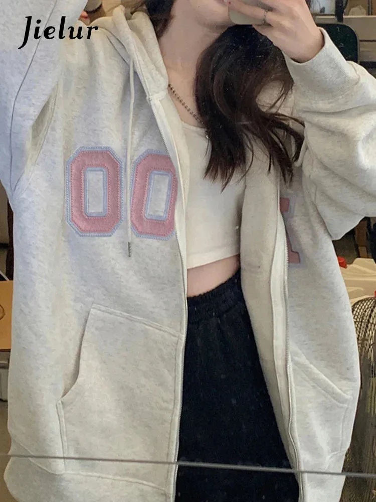 Metaversmall Grey Zip-up Loose Hooded Female Sweatshirts Autumn Streetwear American Vintage Casual O-neck Women's Hoodies Office Lady