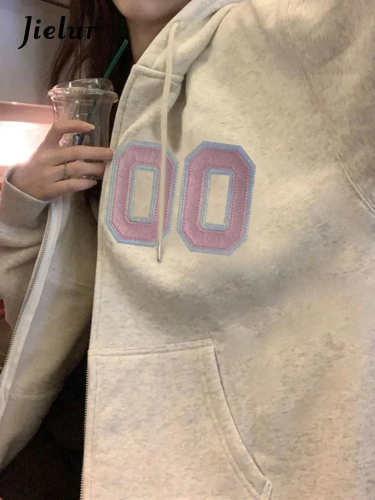 Metaversmall Grey Zip-up Loose Hooded Female Sweatshirts Autumn Streetwear American Vintage Casual O-neck Women's Hoodies Office Lady