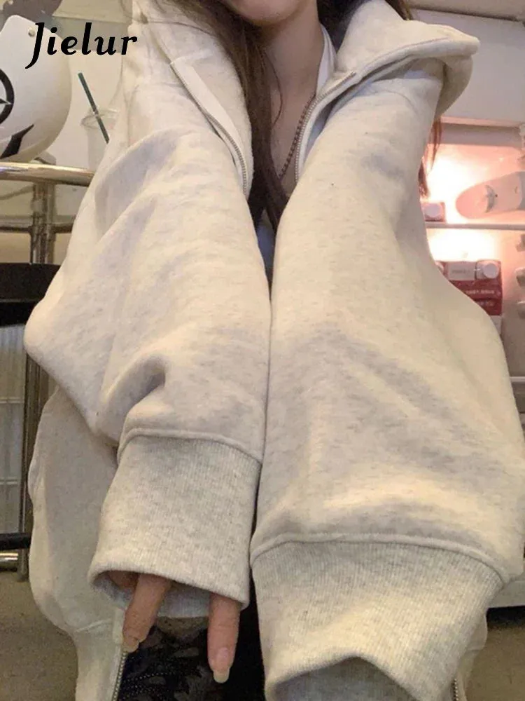 Metaversmall Grey Zip-up Loose Hooded Female Sweatshirts Autumn Streetwear American Vintage Casual O-neck Women's Hoodies Office Lady