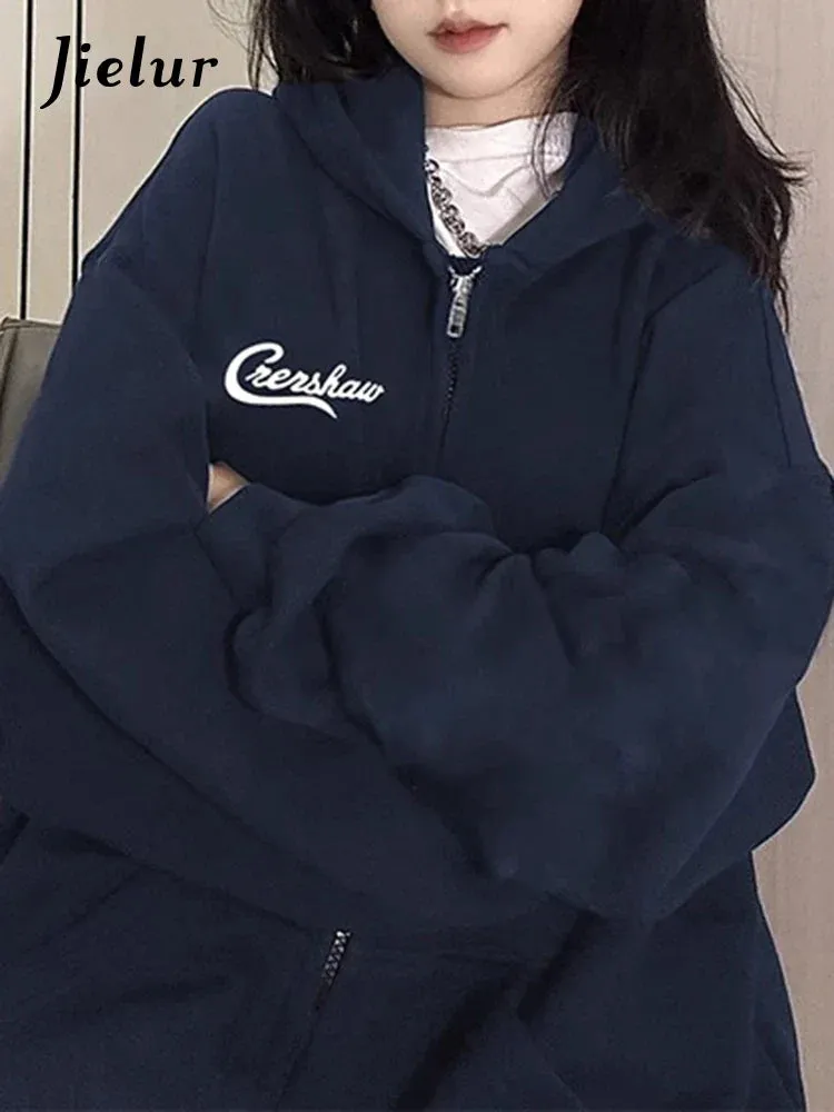 Metaversmall Navy Zip-up Simple Women Sweatshirts Solid Color O-neck Hooded Casual Streetwear Fashion Loose Chic Winter Female Hoodies