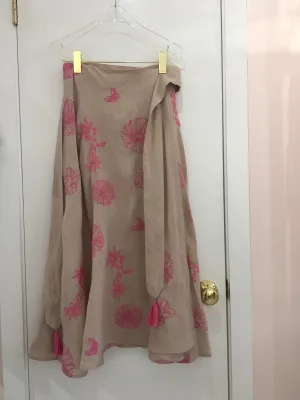 NIMO WITH LOVE~ Chevril linen wrap skirt w pink floral embroidery