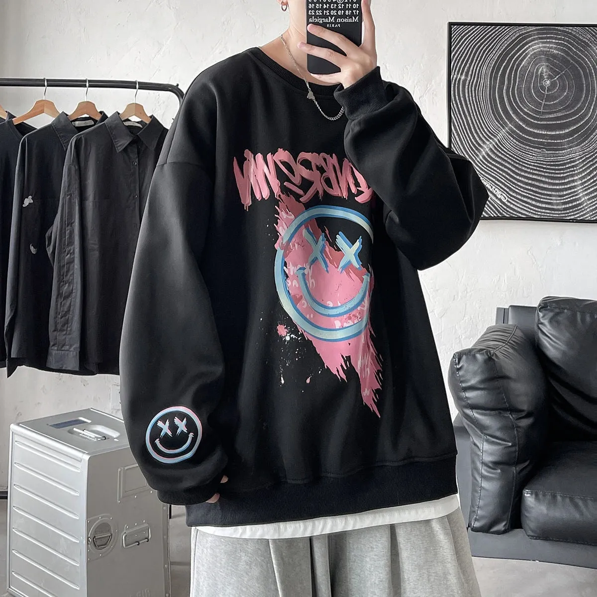 Oversized New Men's Sweatshirts Fashion Cartoon Graphic Casual O Neck Hoodies Korean Male Streetwear Pullover Clothing