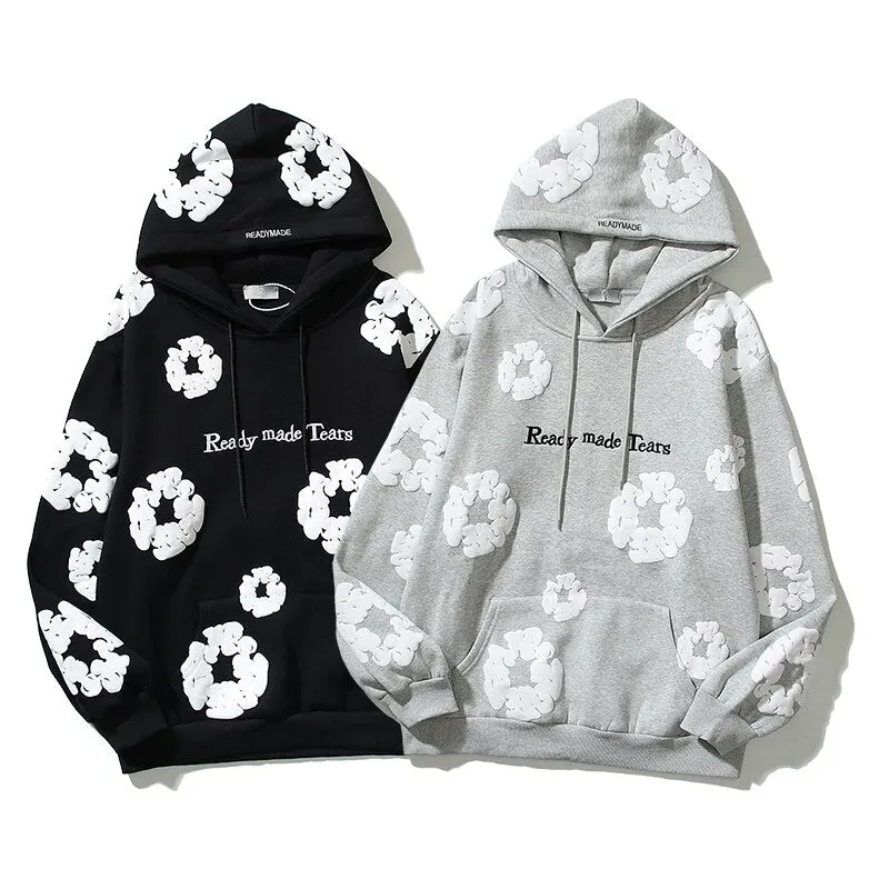 Purpdrank - Retro Foam Kapok Print Letter Embroidery Pullover Hoodies Men's and Women's Streetwear Oversize Fleece Hooded Sweatshirts
