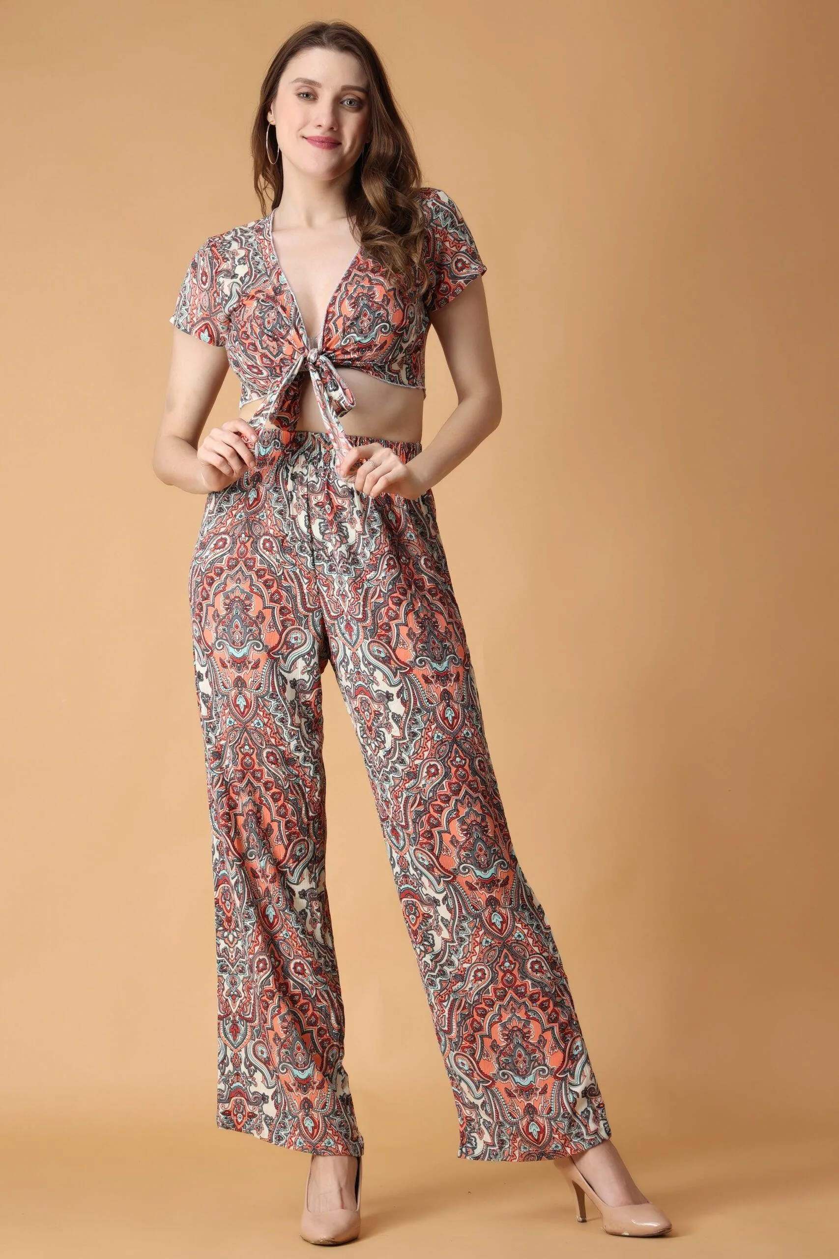 Rangoli Printed Front Tie Top with Flared Pyjama