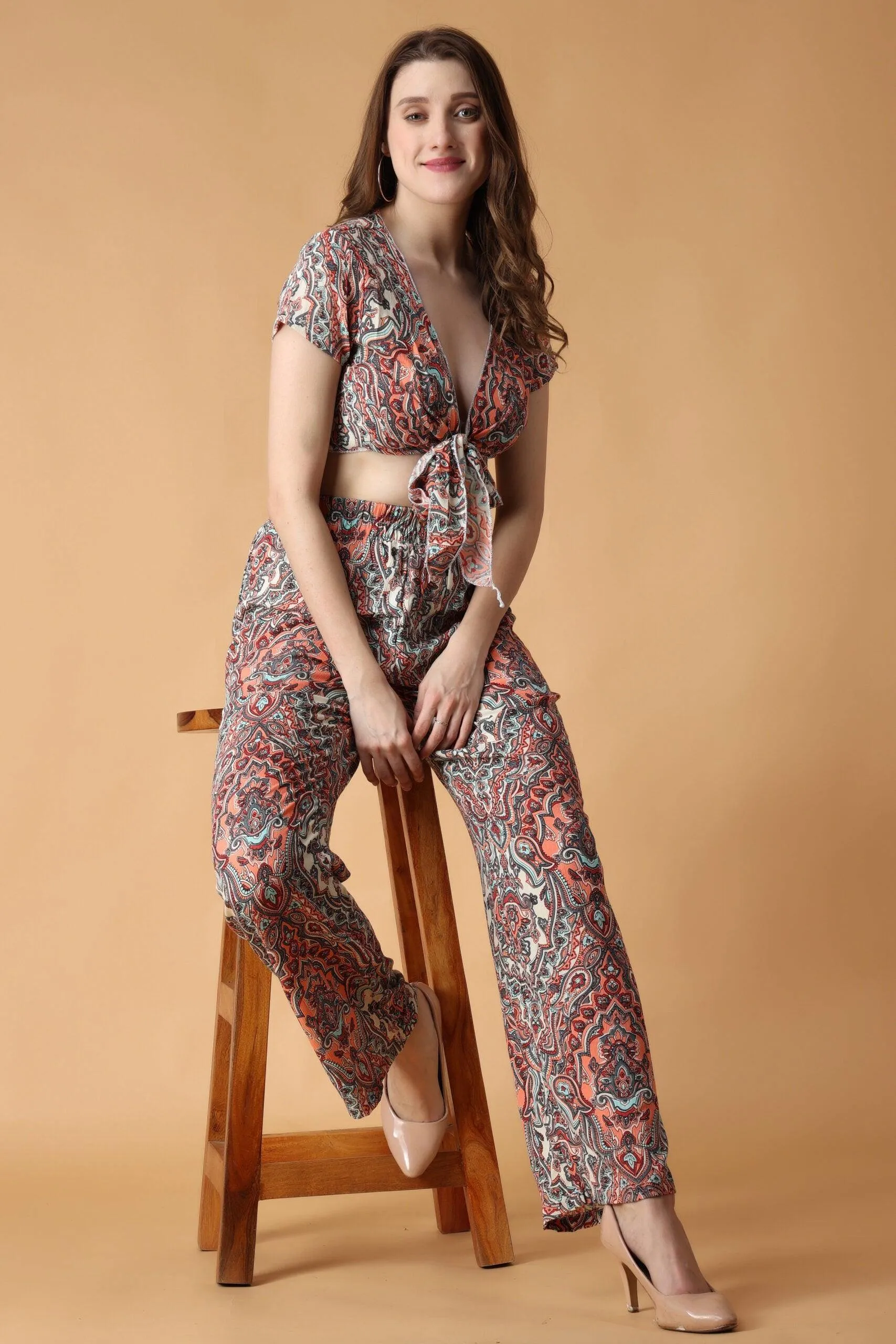 Rangoli Printed Front Tie Top with Flared Pyjama