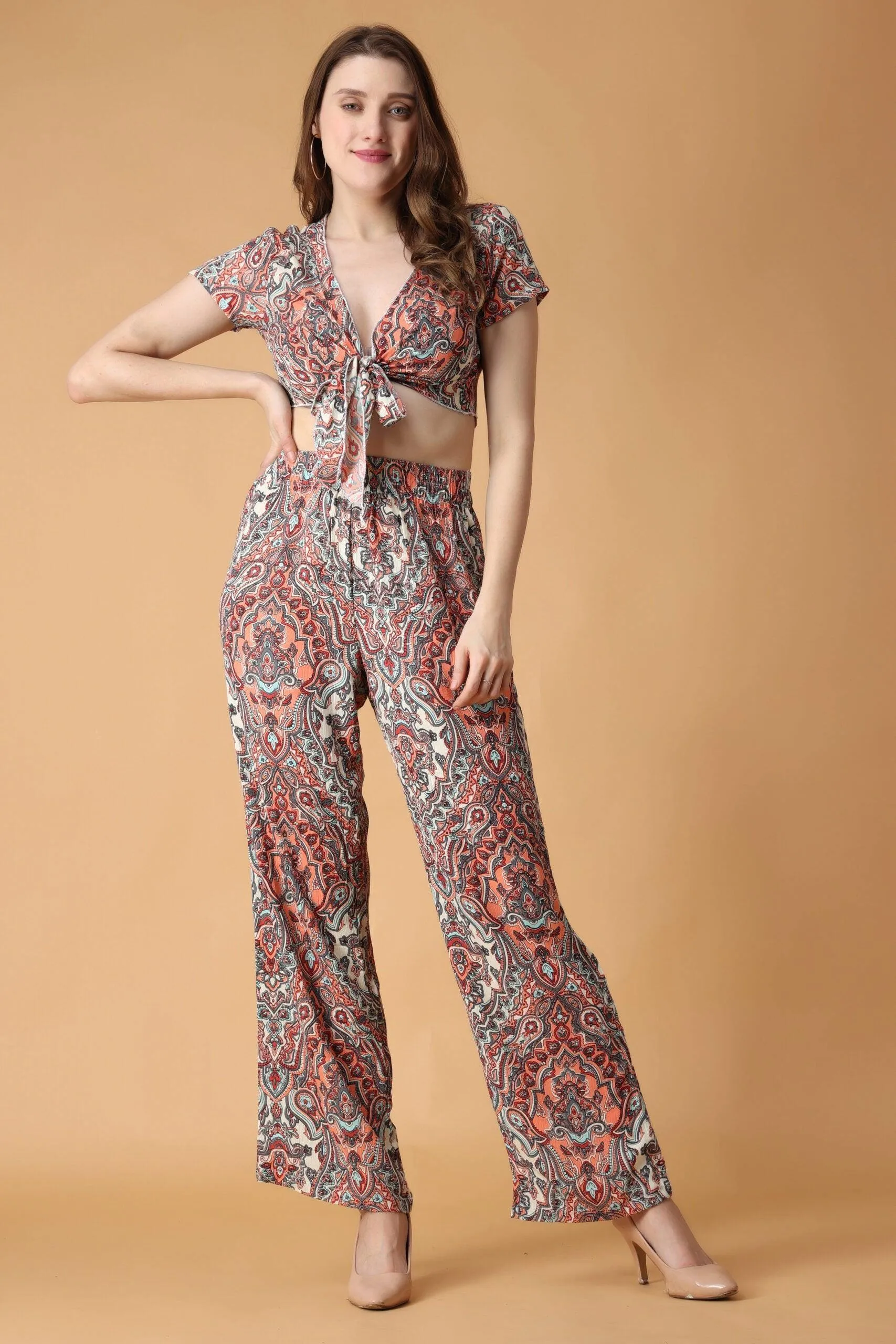 Rangoli Printed Front Tie Top with Flared Pyjama