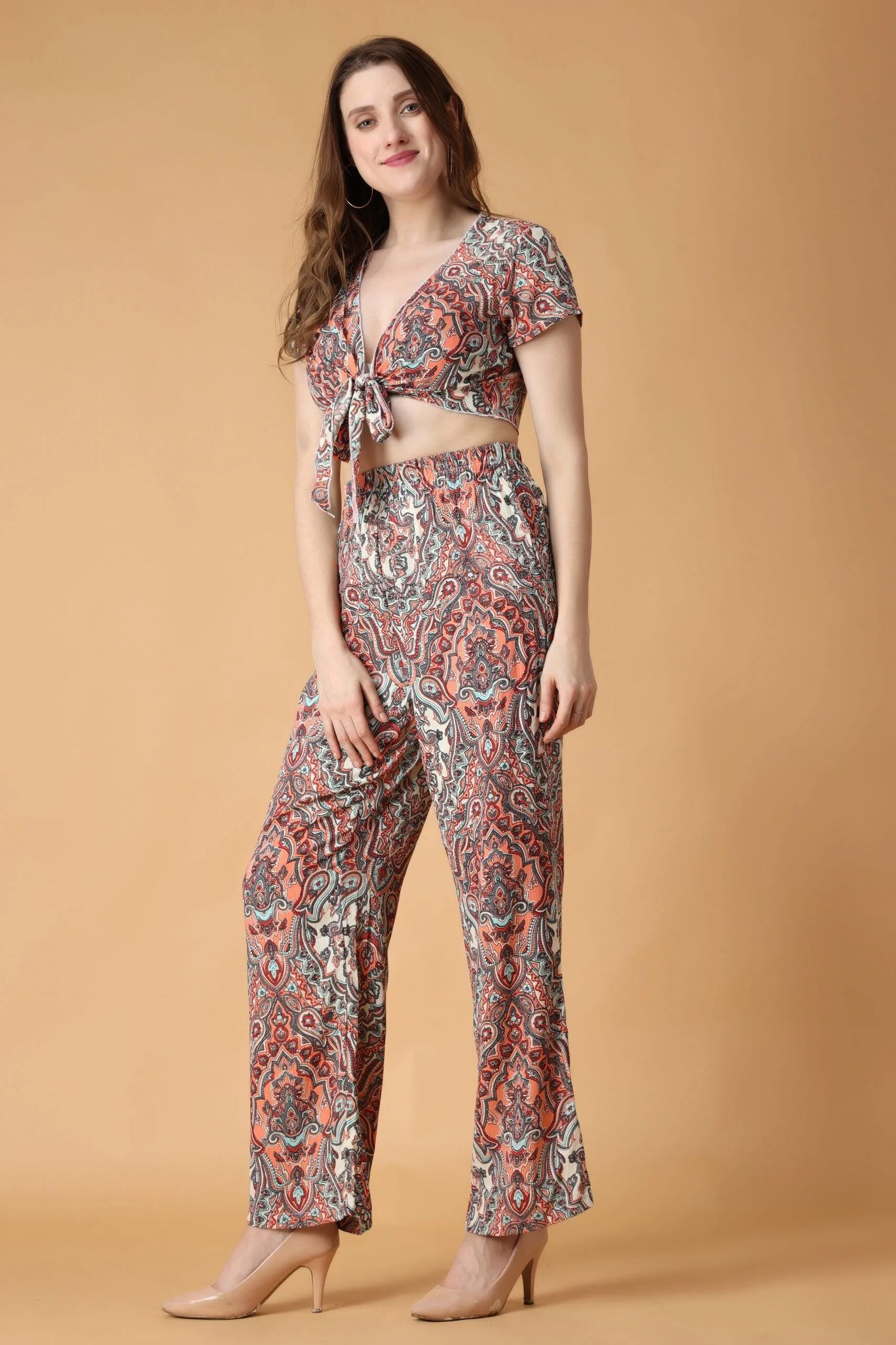 Rangoli Printed Front Tie Top with Flared Pyjama