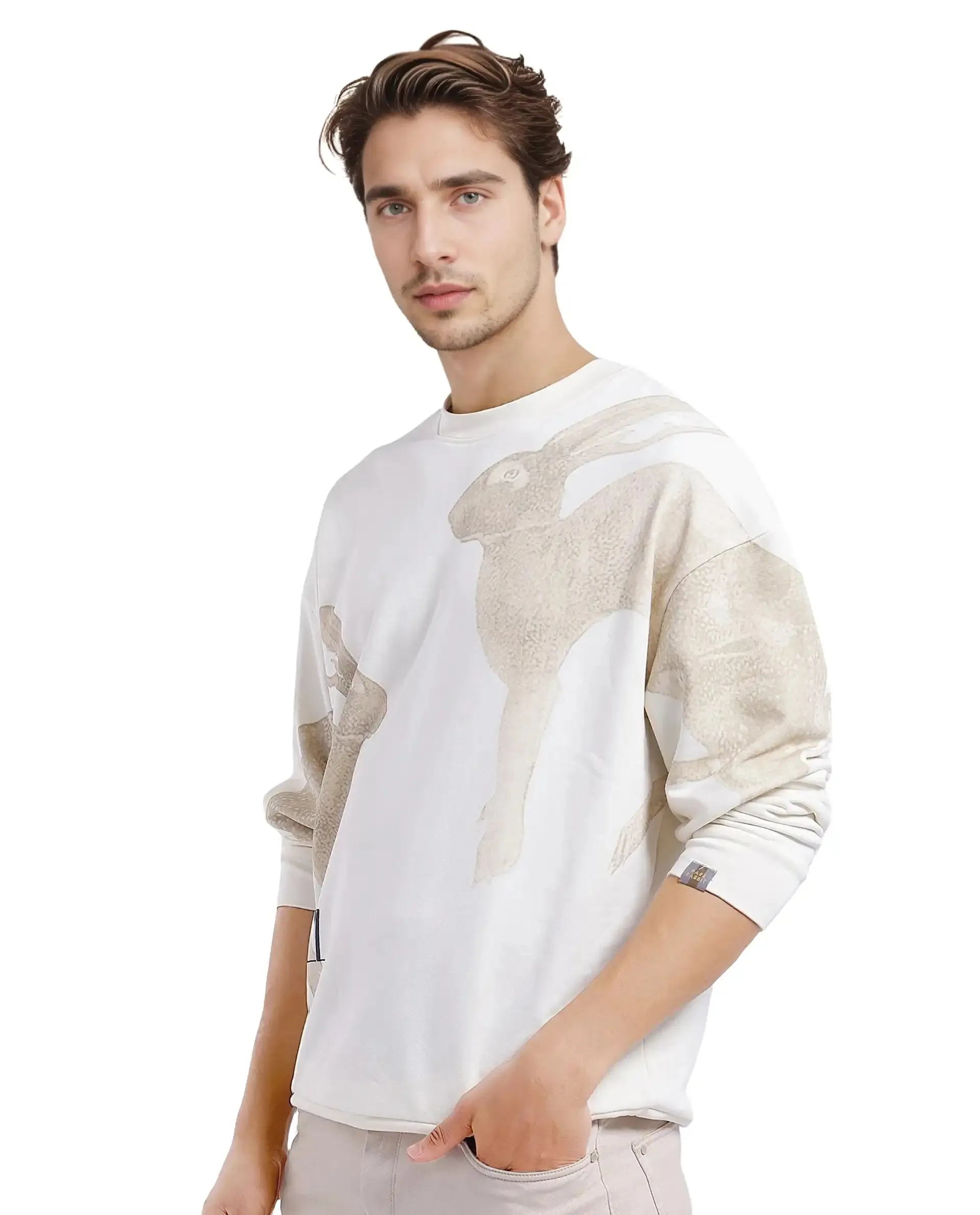 Rare Rabbit Men's Nellei Off White Cotton Blend Fabric Full Sleeve Crew Neck Boxy Fit Animal and Typography Print Sweatshirt