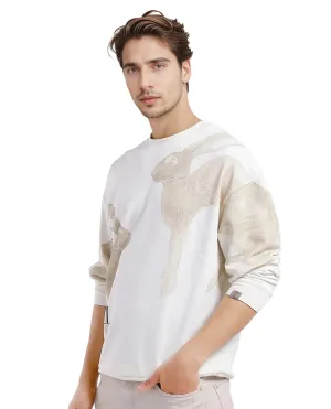 Rare Rabbit Men's Nellei Off White Cotton Blend Fabric Full Sleeve Crew Neck Boxy Fit Animal and Typography Print Sweatshirt