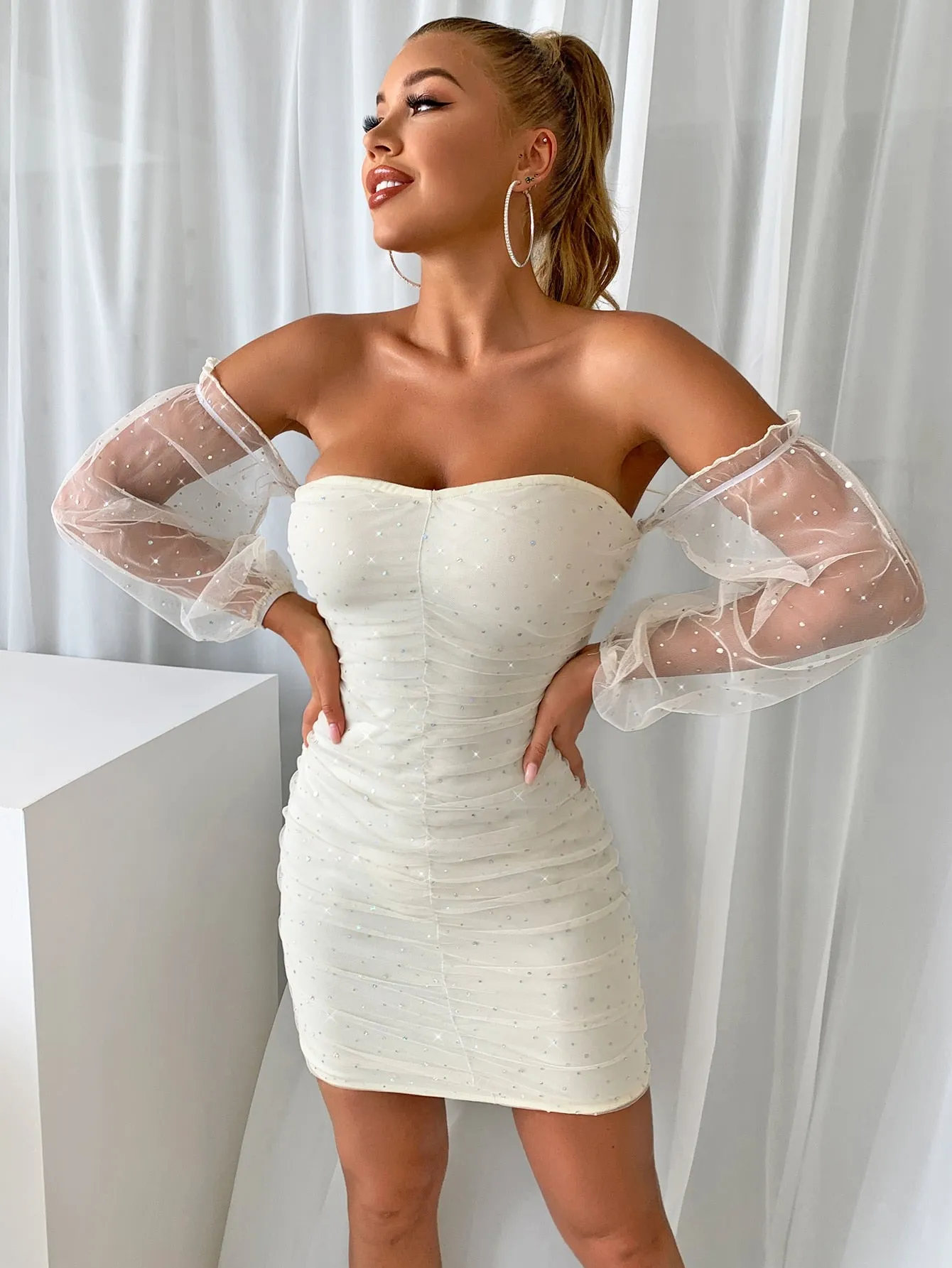 Sequin Off-Shoulder Ruched Bodycon Dress