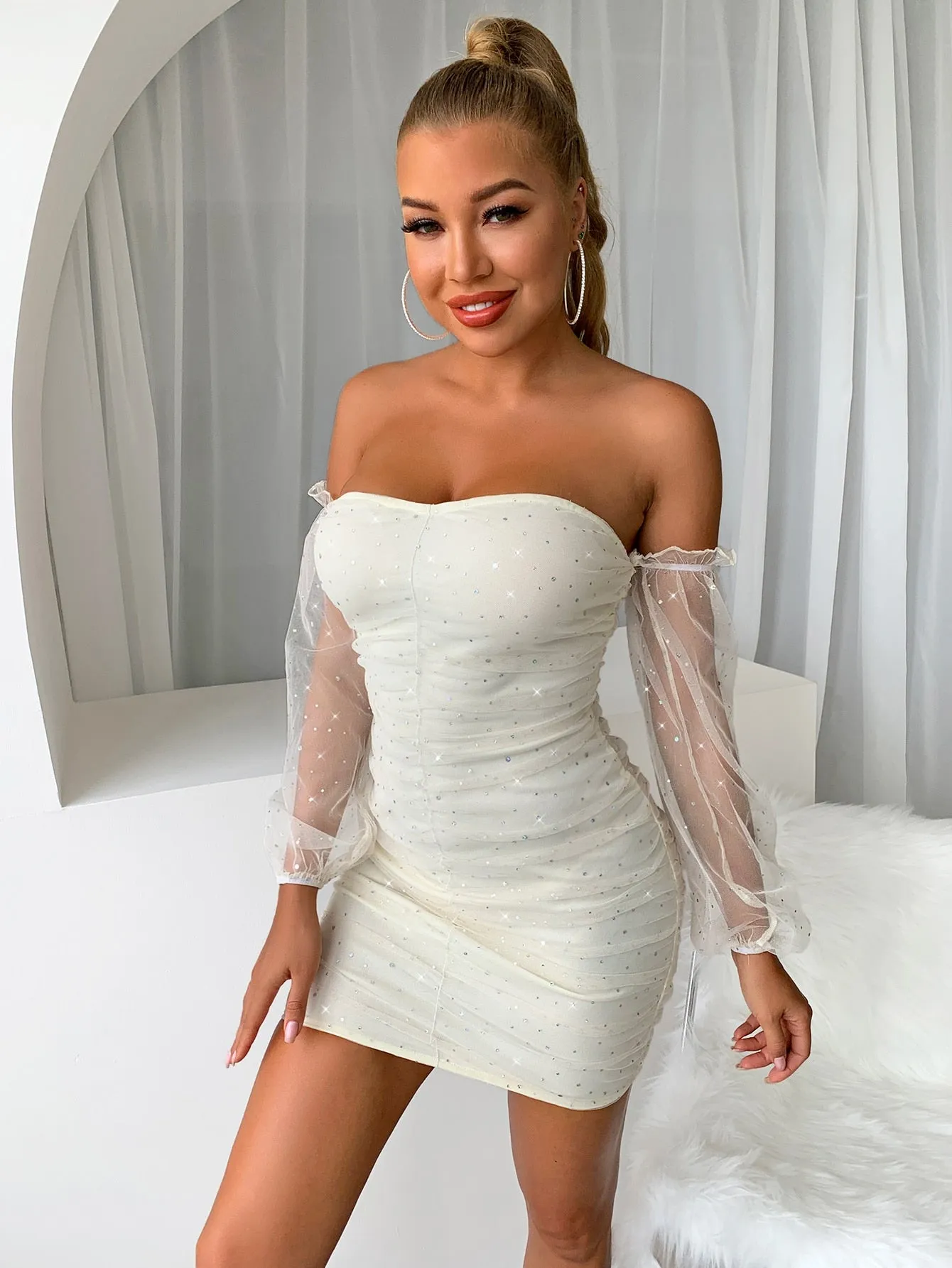 Sequin Off-Shoulder Ruched Bodycon Dress