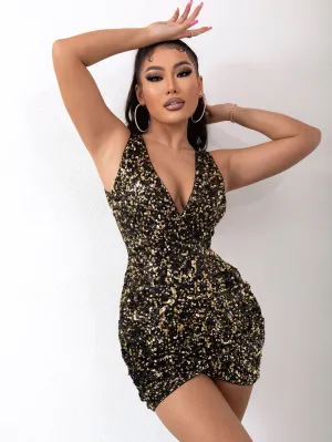 Sequin Surplice Neck Bodycon Dress