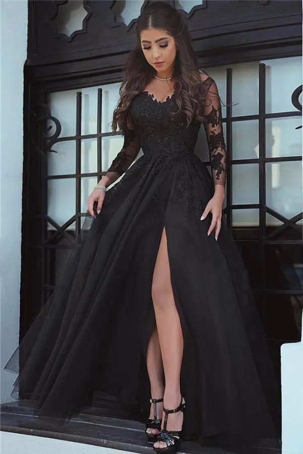 Slit Glamorous Lace Black Long Sleeve Prom Dress Evening Dress PG431