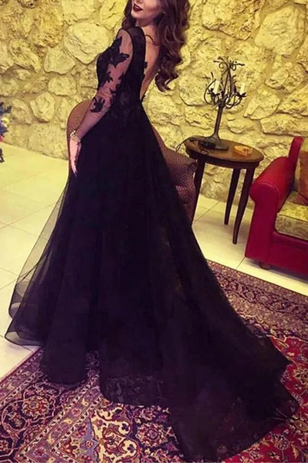 Slit Glamorous Lace Black Long Sleeve Prom Dress Evening Dress PG431