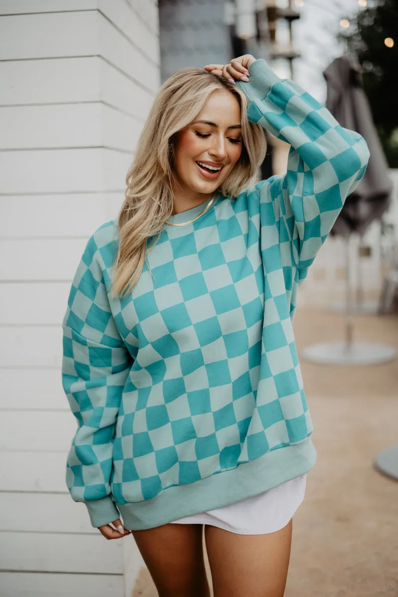 Teal Checkered All Over Print Wholesale Sweatshirt for Women