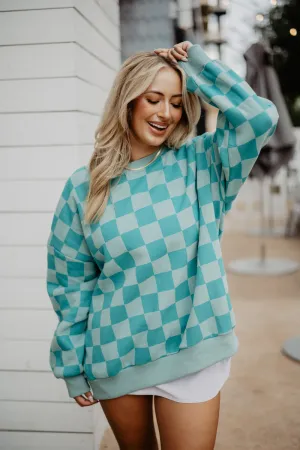 Teal Checkered All Over Print Wholesale Sweatshirt for Women