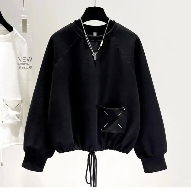 Uniwim Pocket Hoodie Solid Casual Sweatshirts Long Sleeve Top White Hoodie Pullover Hoodies Plus Size Black Tops Streetwear Women Short