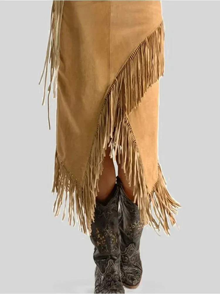 Uniwim Women's Tassel Skirt Vintage High Asymmetric Hem India Folk Straight Solid Casual High Street Autumn Fashion Female Split Skirts