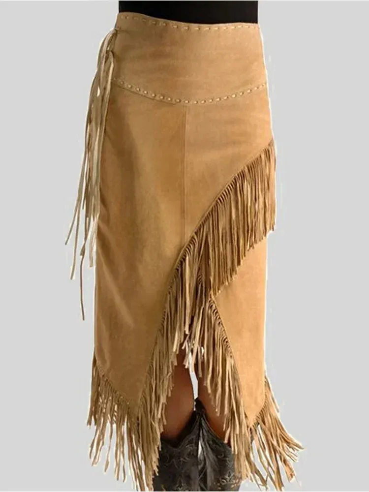 Uniwim Women's Tassel Skirt Vintage High Asymmetric Hem India Folk Straight Solid Casual High Street Autumn Fashion Female Split Skirts