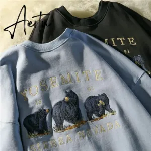 Vintage Bear Embroidery Sweatshirts Women Harajuku Streetwear Casual Long Sleeve Crewneck Oversized Fashion Hoodie Korean Girls