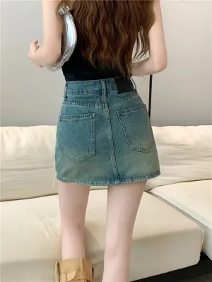 Washed Korean Pocket Denim Casual A-line Waist High Bows Retro Skirt